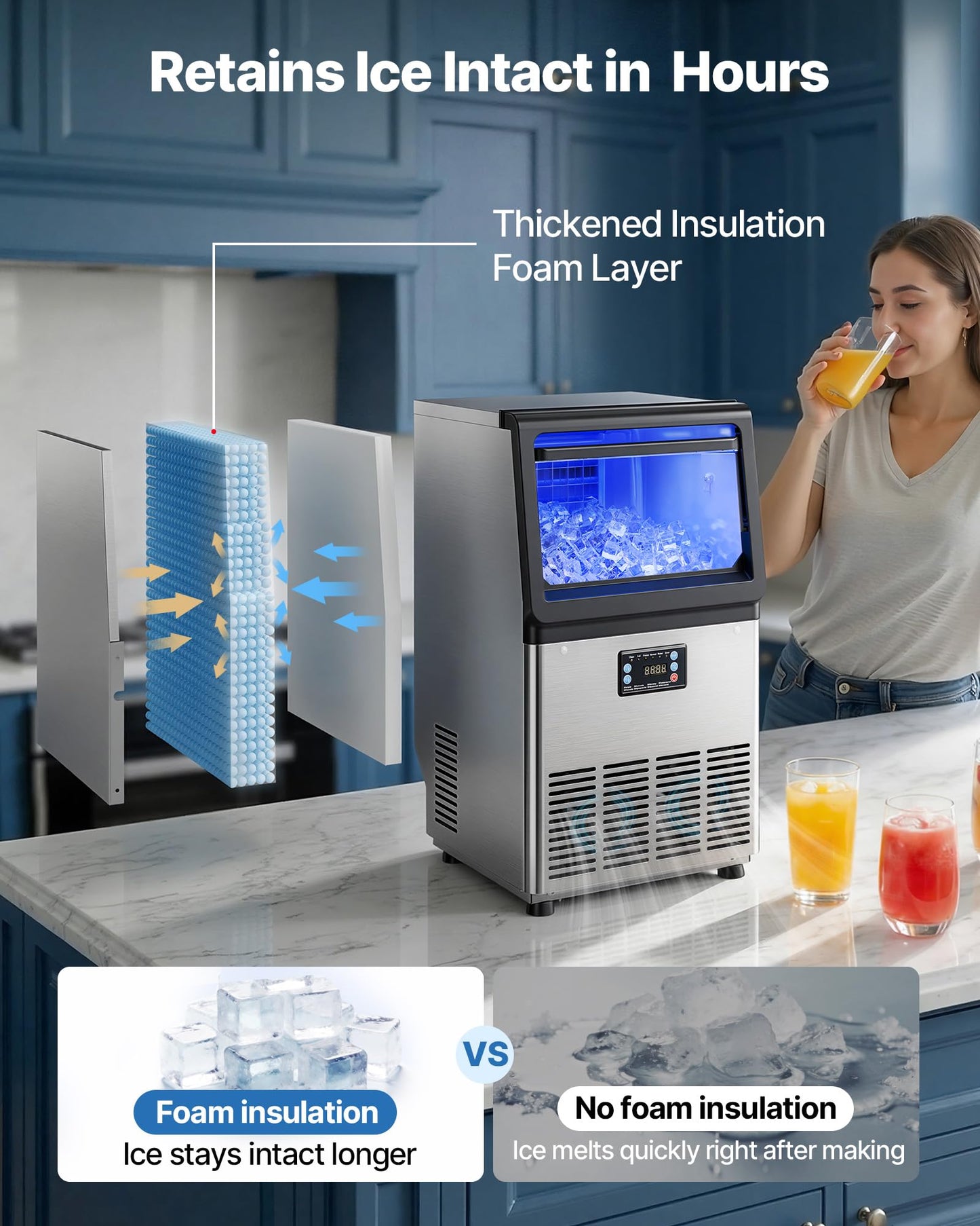VEVOR Commercial Ice Maker Machine, 80 lbs/24h with 13 lbs Storage Capacity, Countertop/Freestanding/Under Counter, Stainless Steel Ice Maker with LED Display & Self-Cleaning, for Home Bar Restaurant
