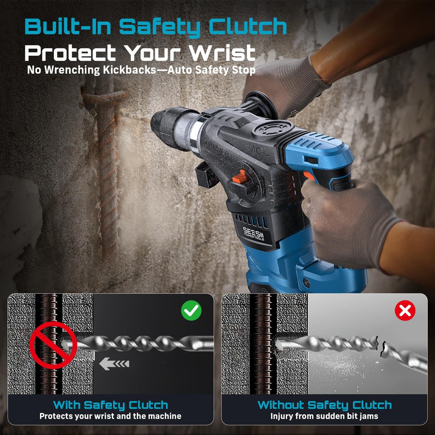 Seesii Heavy Duty Rotary Hammer: 13 Amp 1-1/4" SDS-Plus Demolition Hammer Drill for Concrete, Brick & Stone, 6J Power with 4 Functions, Safety Clutch & Reduced Vibration, with Drill Bits and Chisels