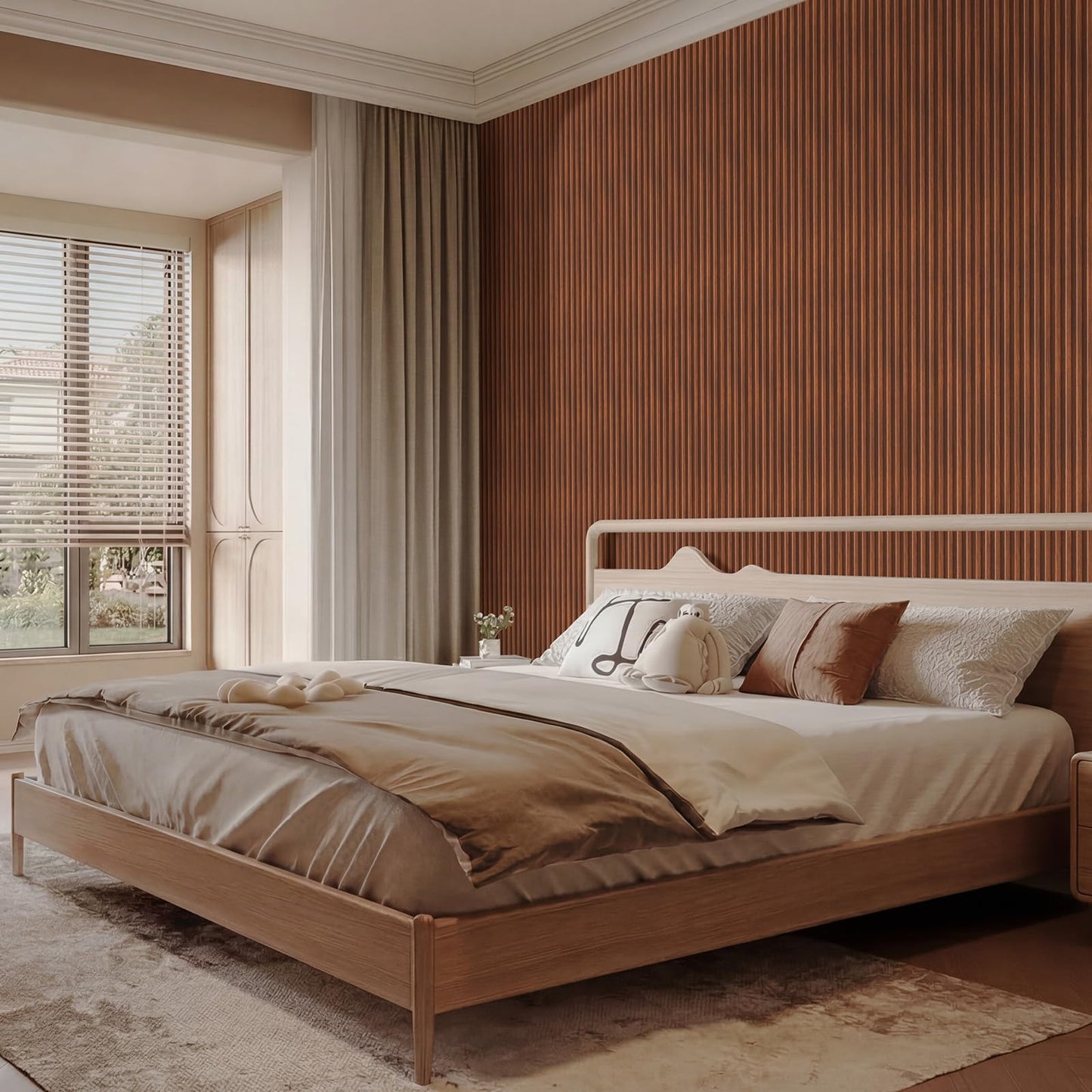 VESLARA Slat Wood Panel 4pcs Wall Panels with 2pcs End Trims 108’’ x 5.7’’ Wood Wall Panel for Interior Wall Decor Bedroom Living Room TV Background Walnut