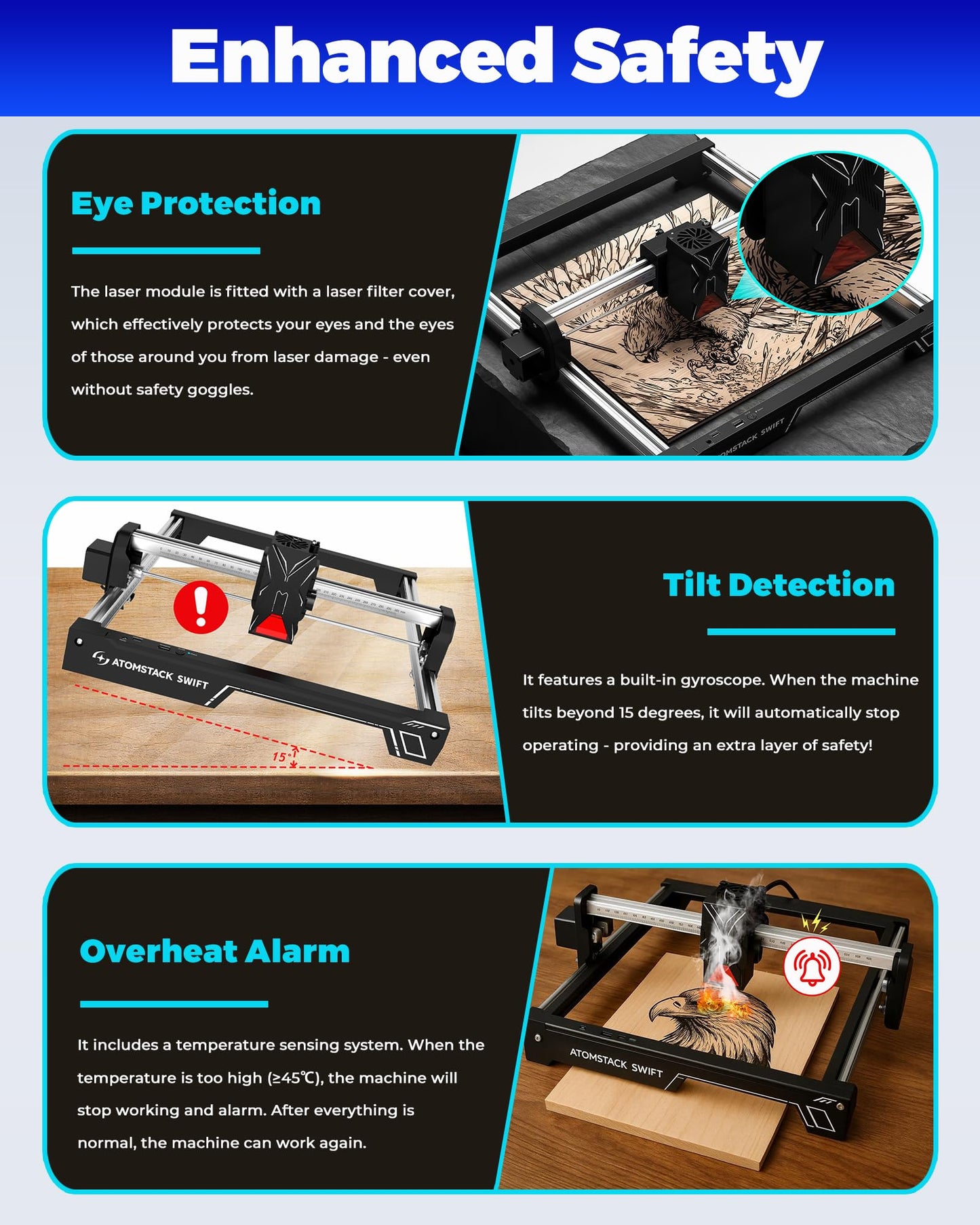 ATOMSTACK Swift Laser Engraver for Beginners, 12000mW Output Laser Cutter, Laser Class 4, 300×300mm Working Area, 0.08mm Accuacy Engraving Machine for Wood, Leather, Coated Metal, Acrylic (Swift 12W)