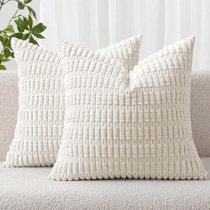 MIULEE Pack of 2 Corduroy Decorative Throw Pillow Covers 16x16 Inch Soft Boho Striped Pillow Covers Modern Farmhouse Home Decor for Sofa Living Room Couch Bed Pure White