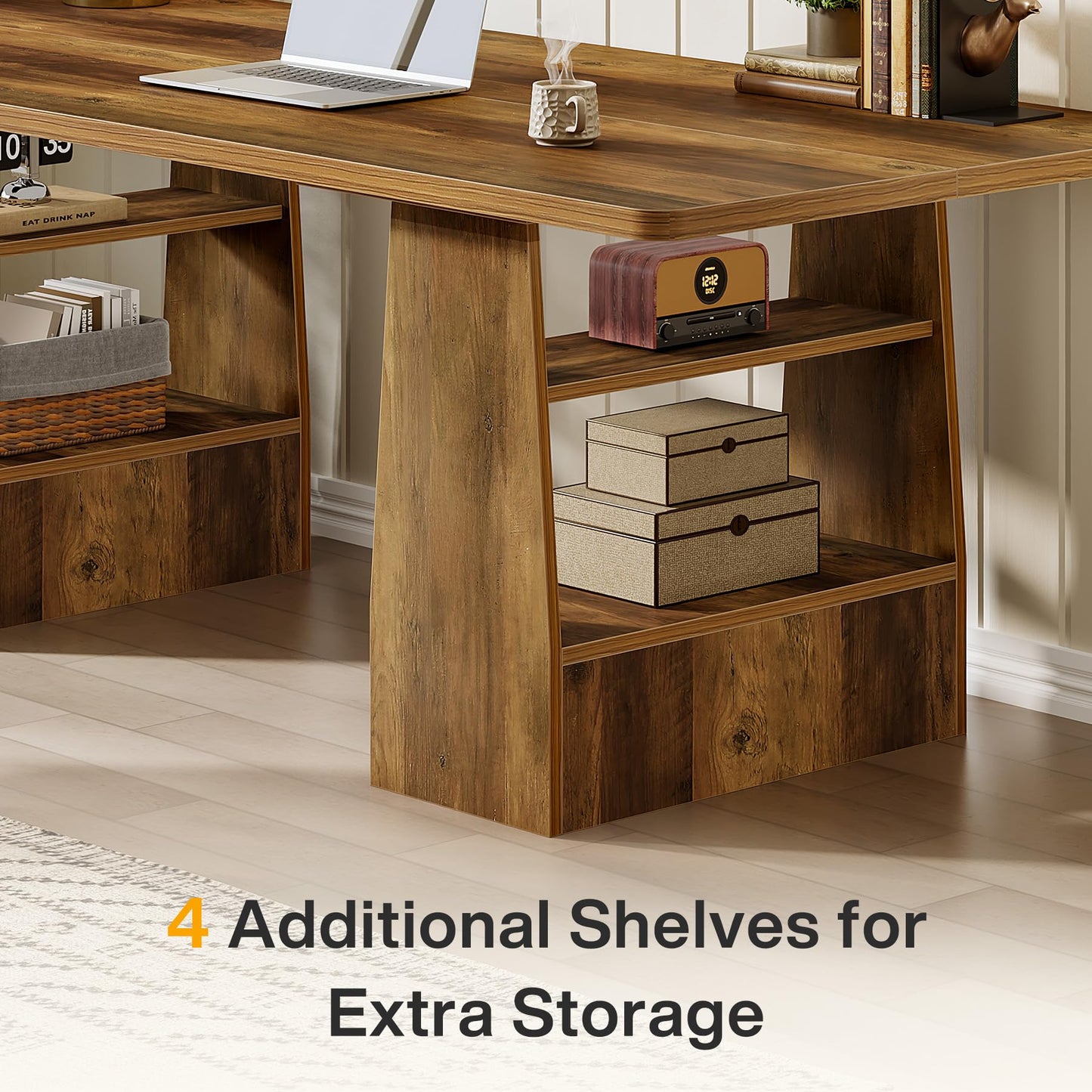 Tribesigns 63 Inch Executive Desk with 4 Storage Shelves, Office Desk with Faux Natural Textured, Large Wooden Computer Writing Table Business Furniture for Home Office (Brown)