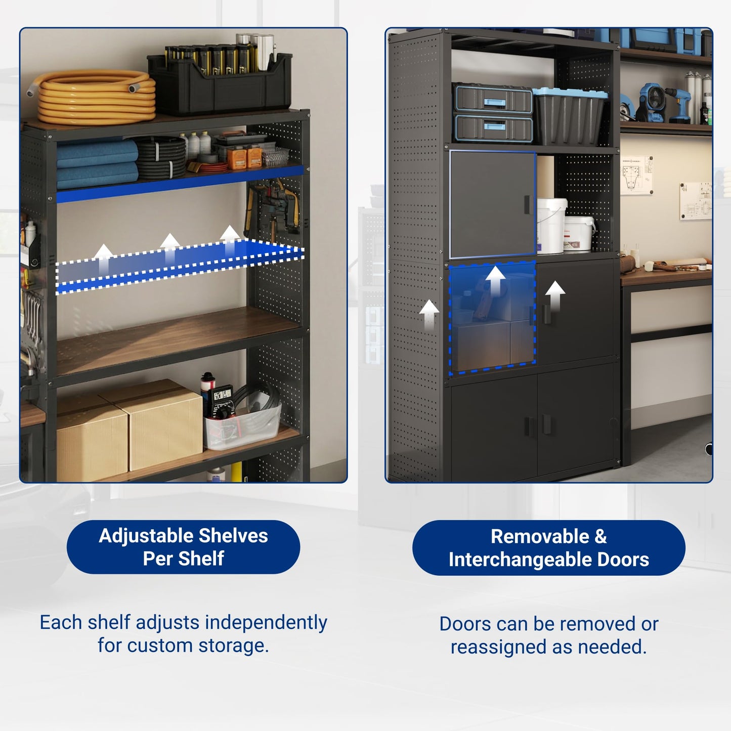 FLEXIMOUNTS Garage Storage Cabinet System, 3-in-1 Modular Metal Tool Cabinet w/ Workbench and Particle Board Shelf Includes Pegboard, 24-Gauge Steel, 129"(L) w/ 2 Doors, Black, FLEXIMOD Series