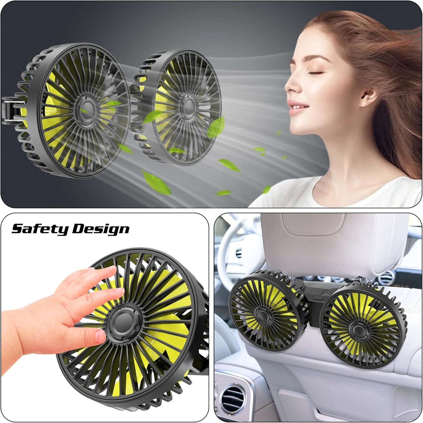 360 3 Wowok Car Fan for Rear Seat Passenger Dual Head USB Car Seat Fan for Backseat Kids, Rotatable Speeds Air