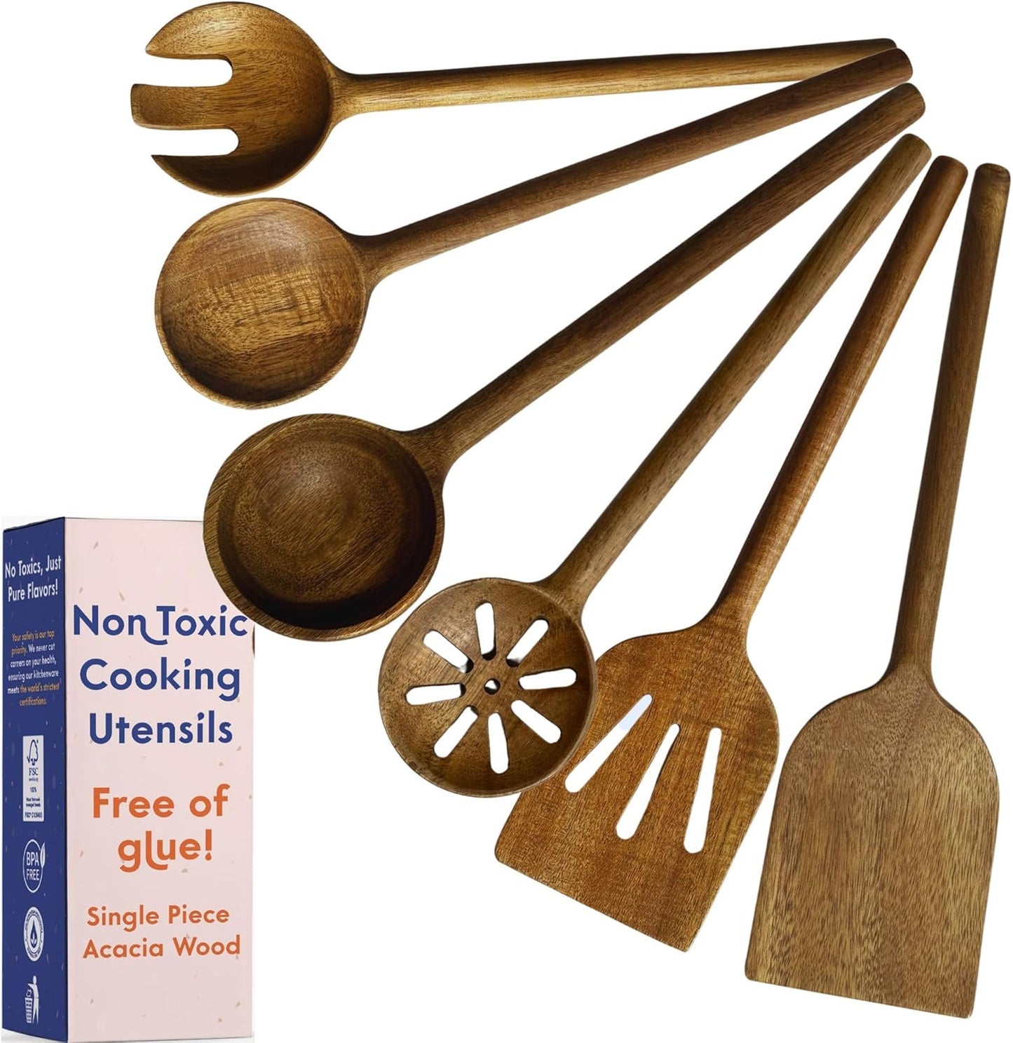 Non-Toxic Cooking Utensils | 6-Piece Wooden Utensil Set - Glue-Free, Natural Finish, Eco-Friendly