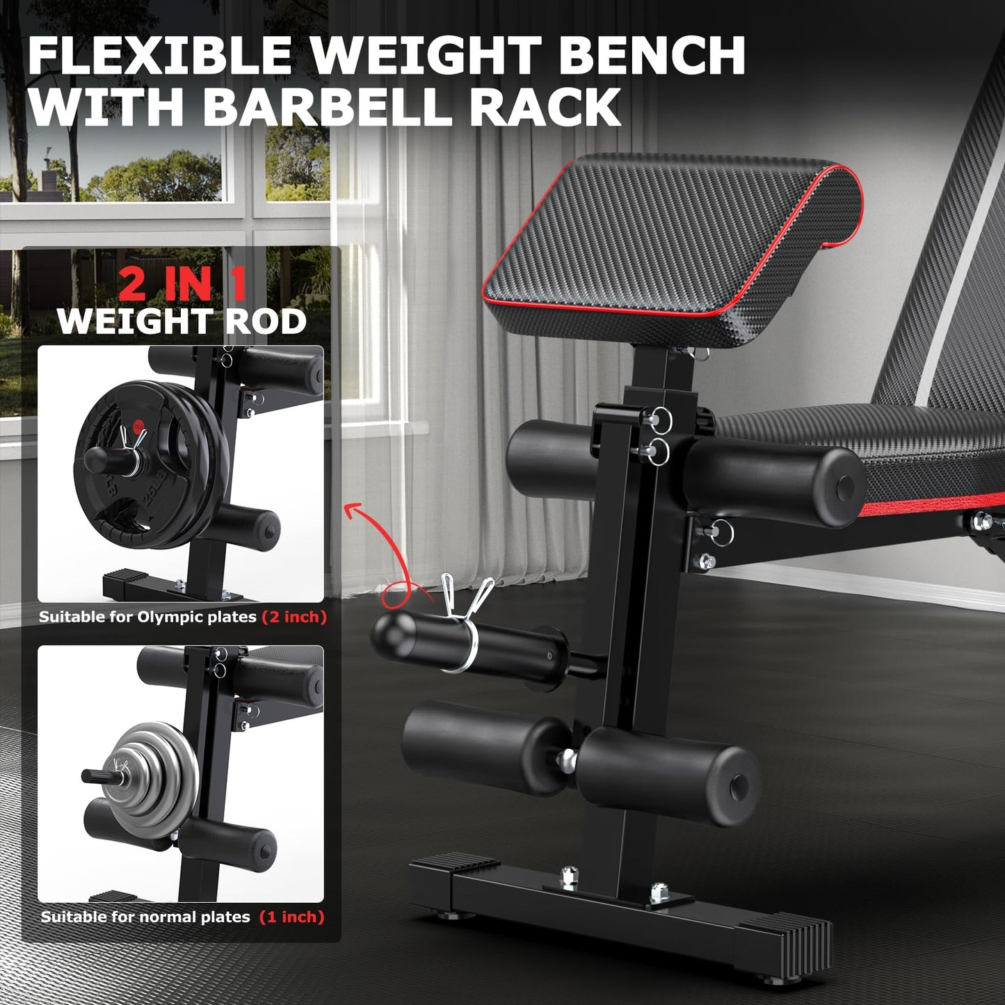 Fostoy Foldable Workout Bench, Adjustable Weight Bench for Home Gym, Multi Functional Gym Bench w/Leg Extension &Preacher Pad, Extra Headrest, Fast Folding Strength Training Incline Sit up Bench 800LB