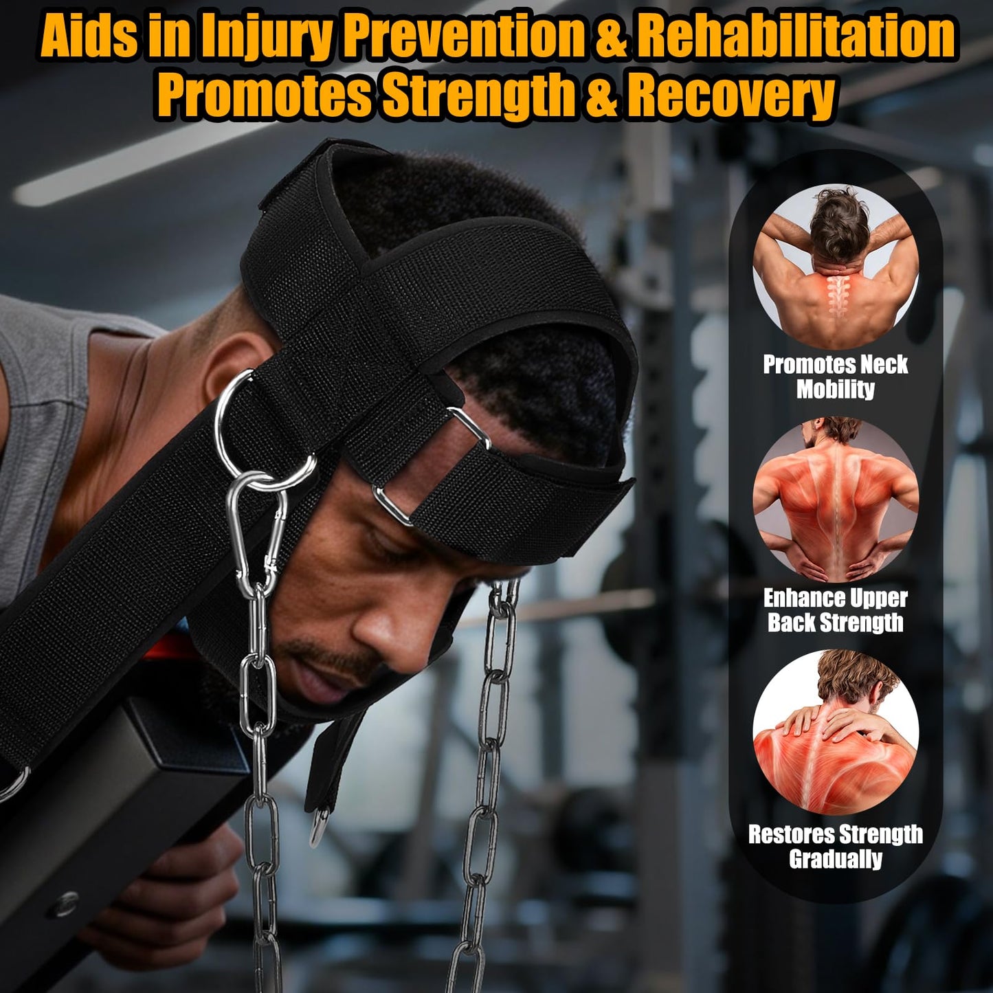 Neck Harness Weight Lifting, Portable Neck Exerciser for Neck Muscle Builder and Pain Relief, Adjustable Soft Padded Chin & Head Strap, Heavy Duty Stainless Steel Chain