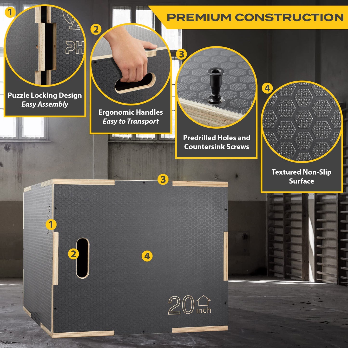 Philosophy Gym 3-in-1 Non-Slip Wooden Plyo Box - 20" x 18" x 16", Wood Plyometric Jump Box for Home Gym, HIIT, Step-Ups, and Strength Training - Gray