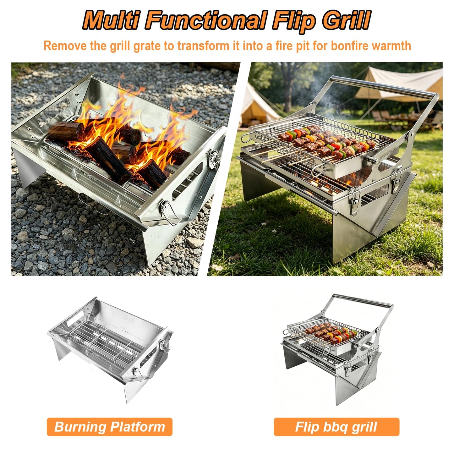Portable 360°Rotating Charcoal Grill with Flipping Basket - 304 Stainless Steel Barbecue Grill for Camping, Tailgating, and Outdoor Adventures, Easy to Disassemble, Includes BBQ Bag New Upgrade