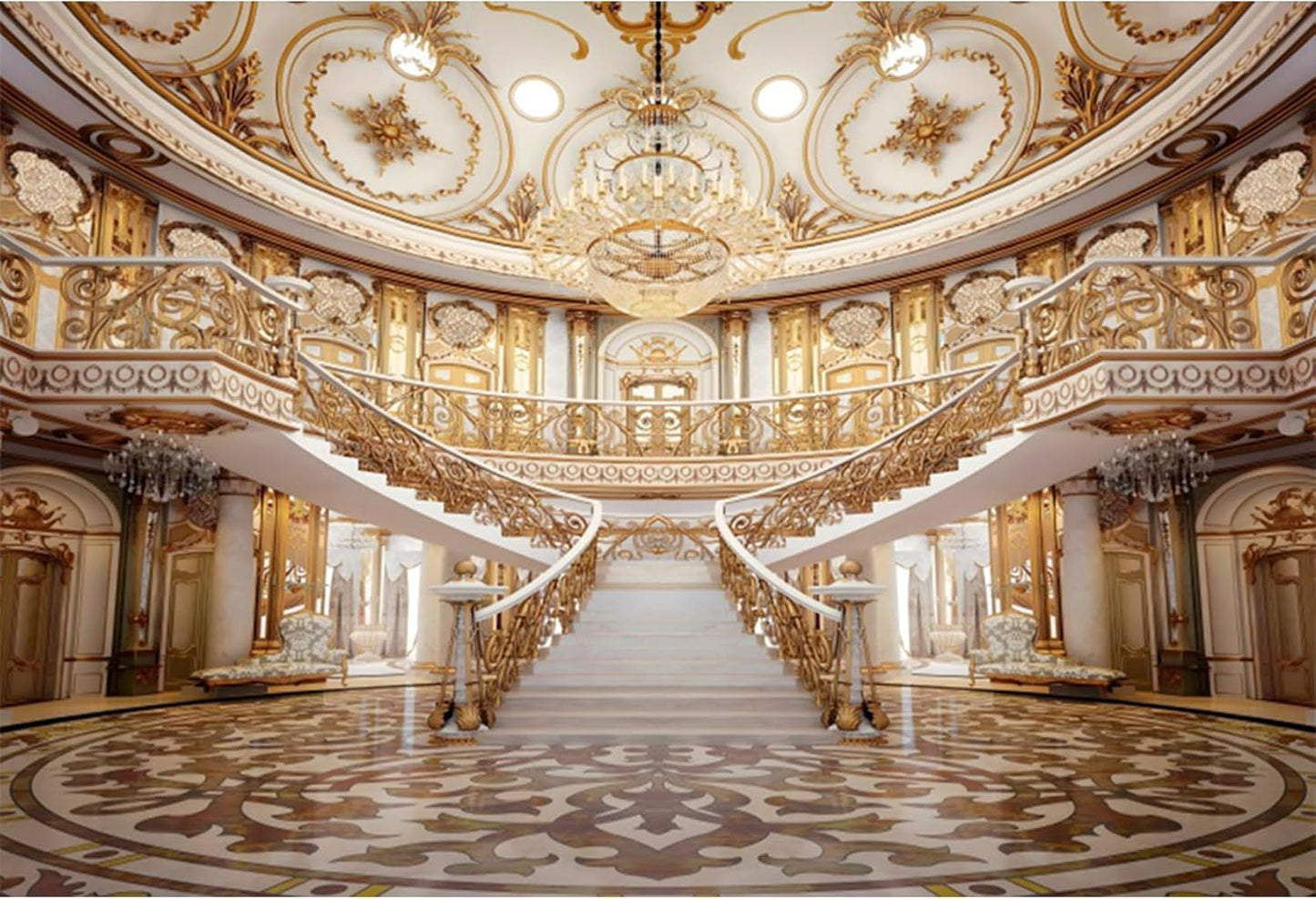 Baocicco 9x6ft Retro Palace Backdrop for Photography Gold Hall Staircase Luxury Chandelier Ceiling Mural Photography