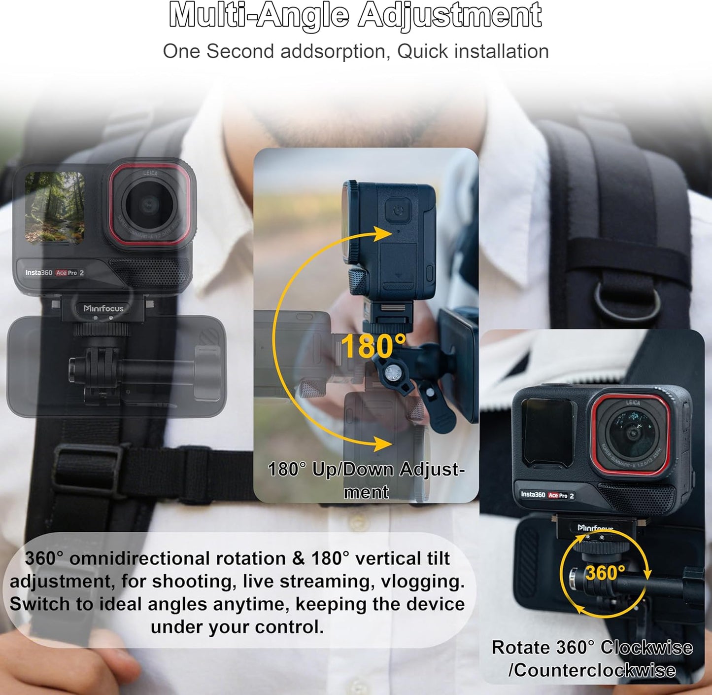 MINIFOCUS Backpack 360 Insta360 Magnetic Mount Clip, Universal Swivel Action Camera Clip for Go Pro DJI Osmo AKASO