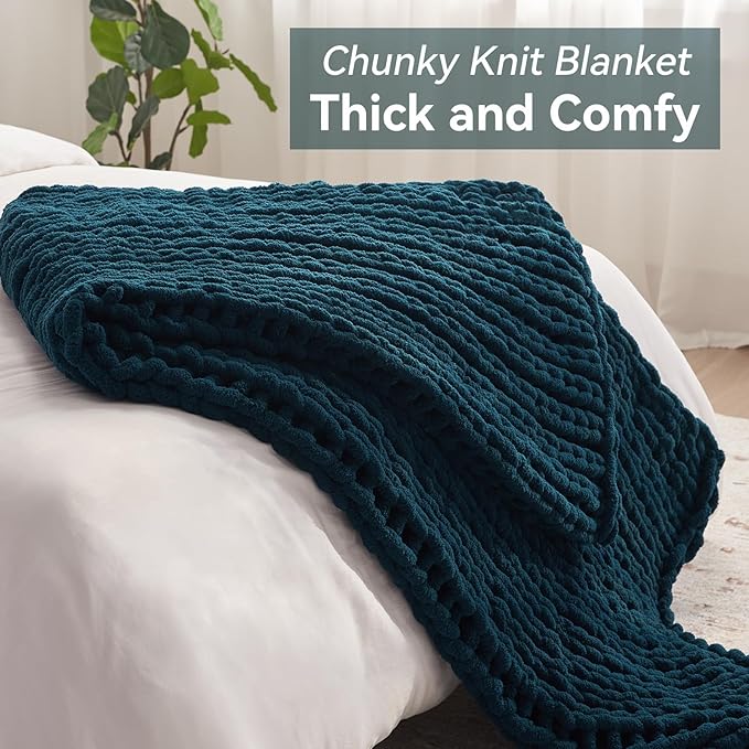 Negwoo Chunky Knit Throw Blanket, 60''*80'' Knitted Throw Chenille Yarn for Bed Couch, Handmade Peacock Blue Crochet Big Thick Blanket, Machine Washable Cute Comfy Blanket for Home Decor