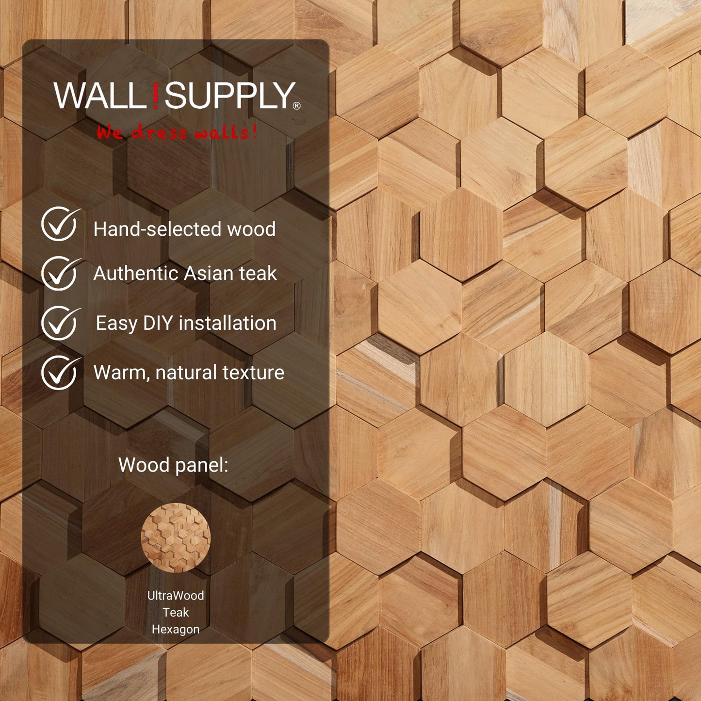 Wall!Supply 3D Wall Panels – Reclaimed Hexagon Asian Teak Wood in Natural – Home Decor Wallpaper Alternative for Living Room, Bedroom & Office – Easy DIY Installation – 25 Pack, Covers 10.5 Sq Ft