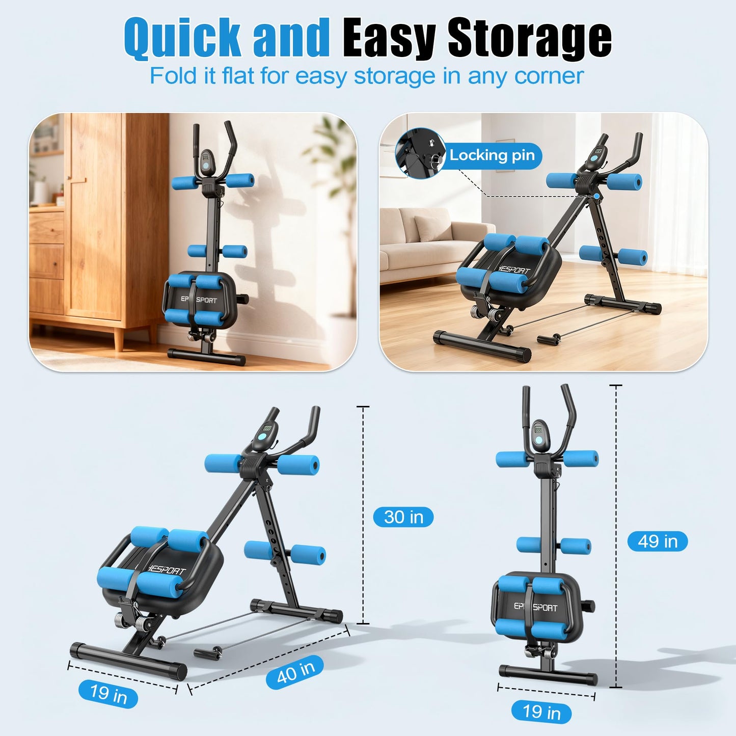 EPHESPORT Multifunctional Ab Machine, Adjustable Ab Workout Equipment, Ab ＆ Sit Up Machine for Stomach Workout, Foldable Abdominal Trainer With Knee and Back Protection, Full Body Workout for Home Gym (Blue)