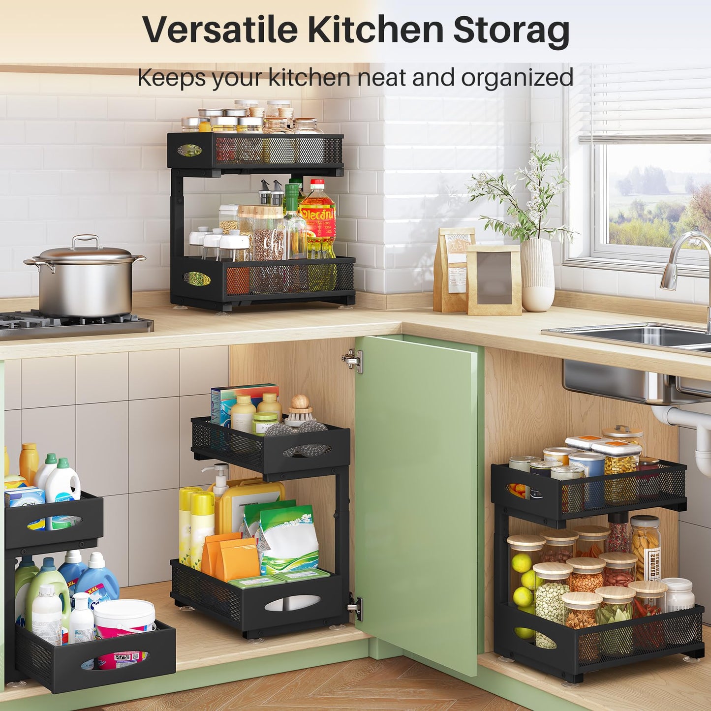 Under Sink Organizer, 2 Tier Pull out Cabinet Organizer Baskets with Mesh Sliding Drawers, Slide out Storage Shelf for Home, Kitchen, Bathroom, Pantry, Office Cabinet, Countertop(1 Pack)
