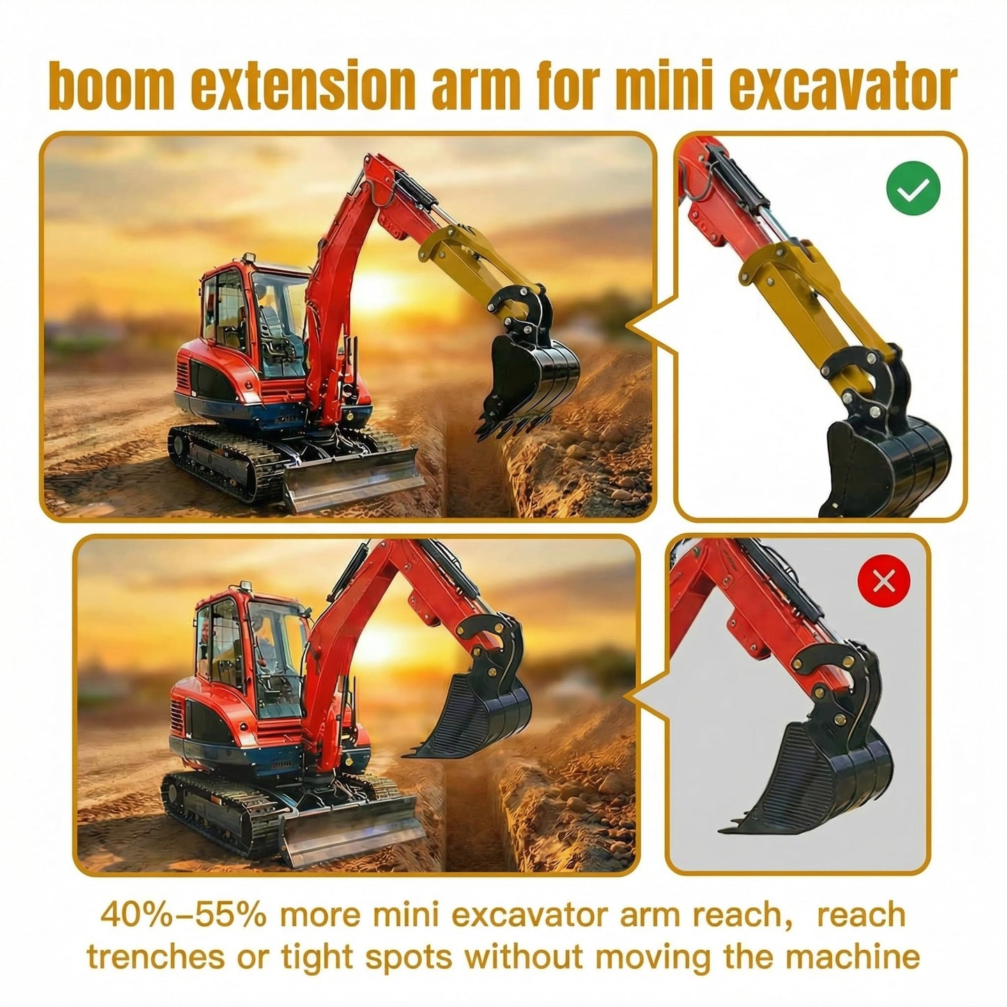 Upgrade 26" Mini Excavator Boom Extension, Arm Extension for 0.8-2 Ton Mini Excavator, 6mm Thickened Bushing-Free Boom with Oil Passage, Quick-Release, Extended Reach, No Deformation and Breaking