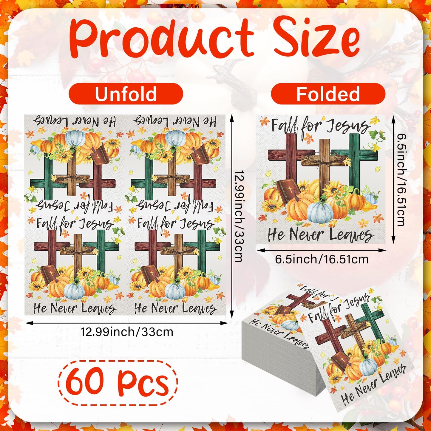 Janlaugh 60 Pcs Fall Paper Napkins Fall for Jesus He Never Leaves Napkin Disposable Autumn Pumpkin Cross Guest Napkins Religious Vintage Dinner Napkin for Autumn Thanksgiving Party Supplies