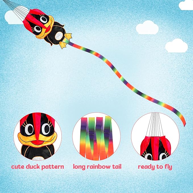 Duck Pattern Kites for Kids, Cute Large Kite Duck Kite with Long Colorful Tail for Kids & Adults, Easy to Fly Kite for Beginners Outdoor Activities