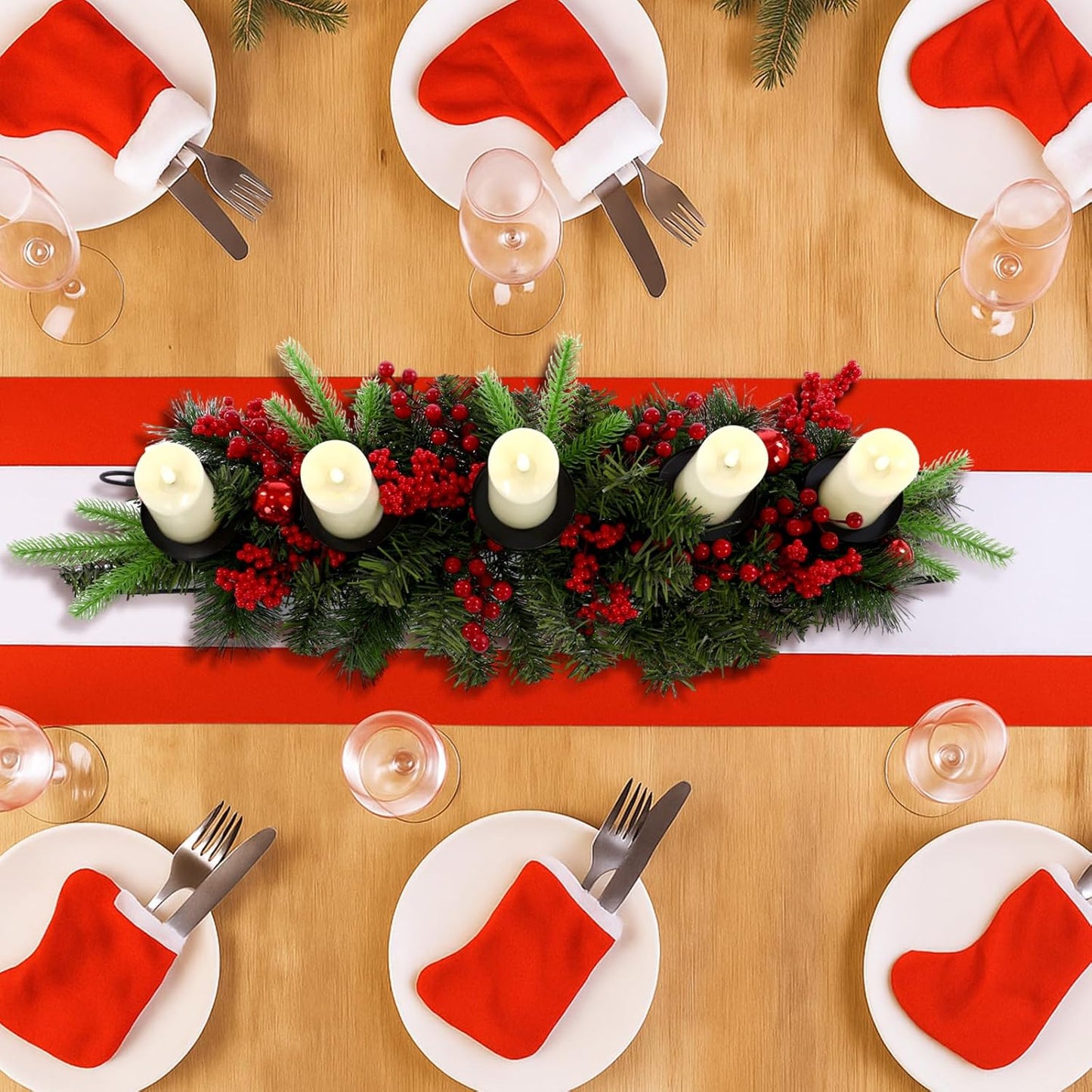 Yungyan Christmas Tabletop Centerpiece - 30 Inch with 5 Candle Holders, Norfolk Branch & Red Berries