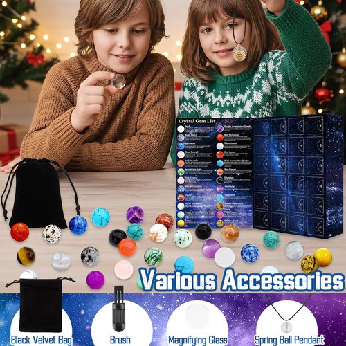 Hiawbon Gemstone Advent Calendar 2025 - 24-Day Crystal Calendar with Healing Rocks & Keychain Necklace