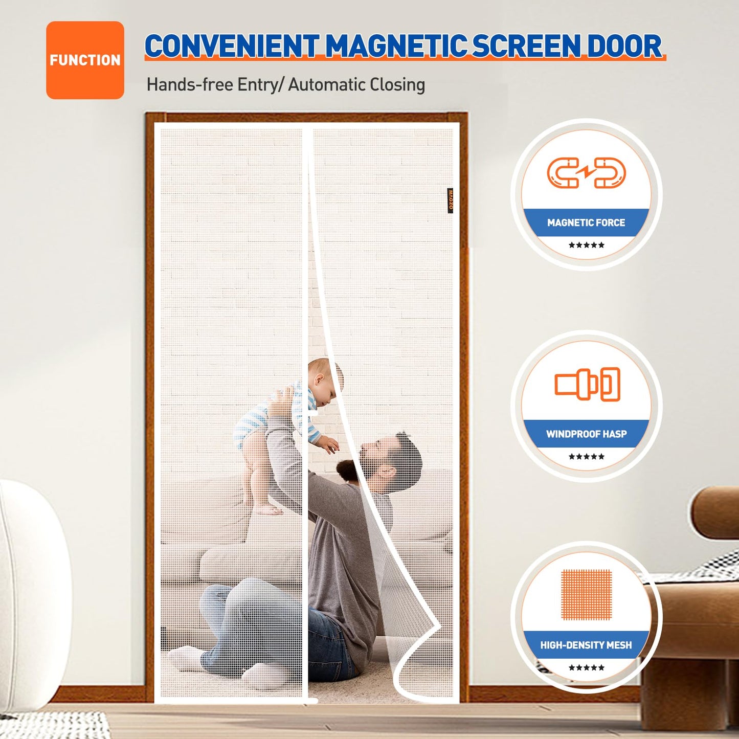 MAGZO Magnetic Screen Door Fit Door Size 38 x 82 Inch, Screen Size 40" x 83" Strong Magnet Mesh with Reinforced Hook & Loop for Patio, Sliding and French Entrances, White