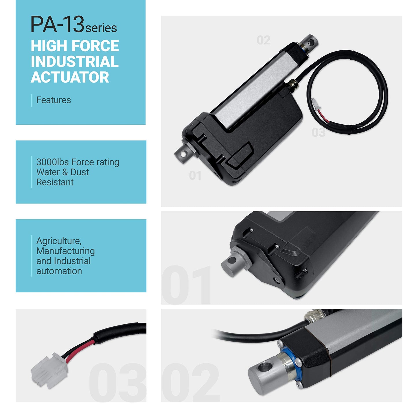 Progressive Automations 12V High Force Linear Electric Actuator - 24 inches, 720 lbs, IP66 Protection for Industrial, Machinery Usage, Brushed DC Electric Motor & Stainless-Steel Stroke, PA-13-24-720