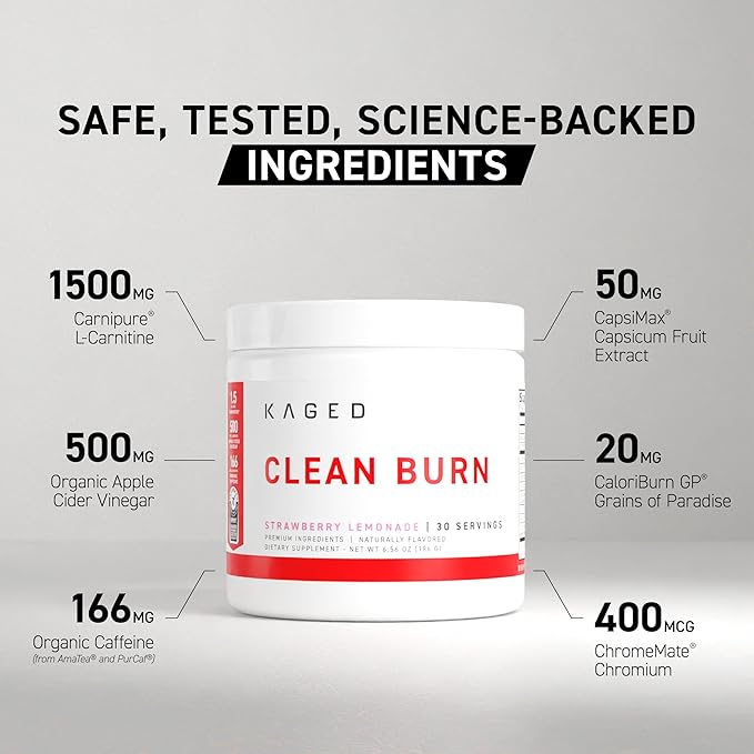 Kaged Clean Burn Powder | Strawberry Lemonade | Thermogenic Weight Management | Boost Metabolism | Organic Caffeine, Apple Cider Vinegar | Supplements for Men & Women | 30 Servings