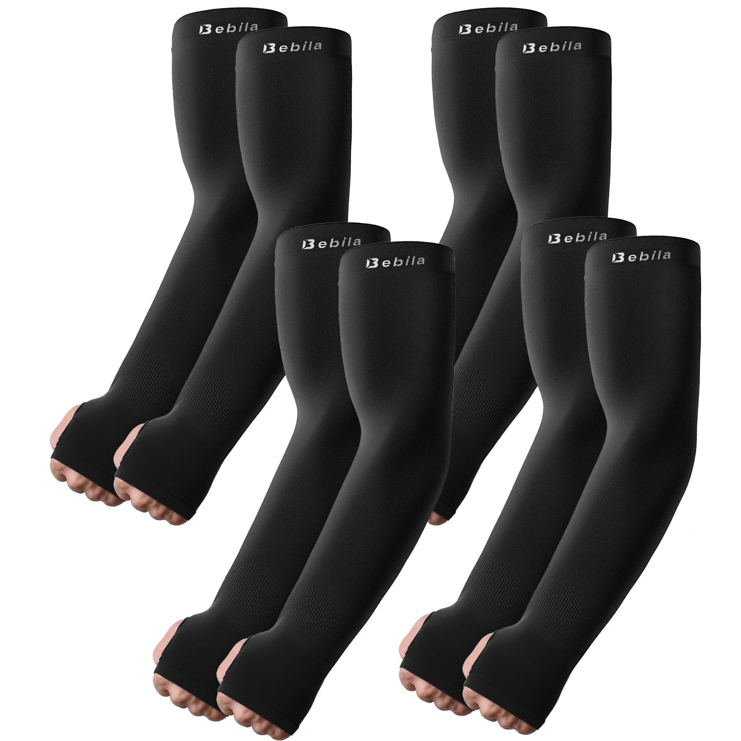 Bebila Arm Sleeves with Thumb Hole, Cooling UV Protection, Compression, Tattoo Cover Up for Men and Women (Black, Medium)