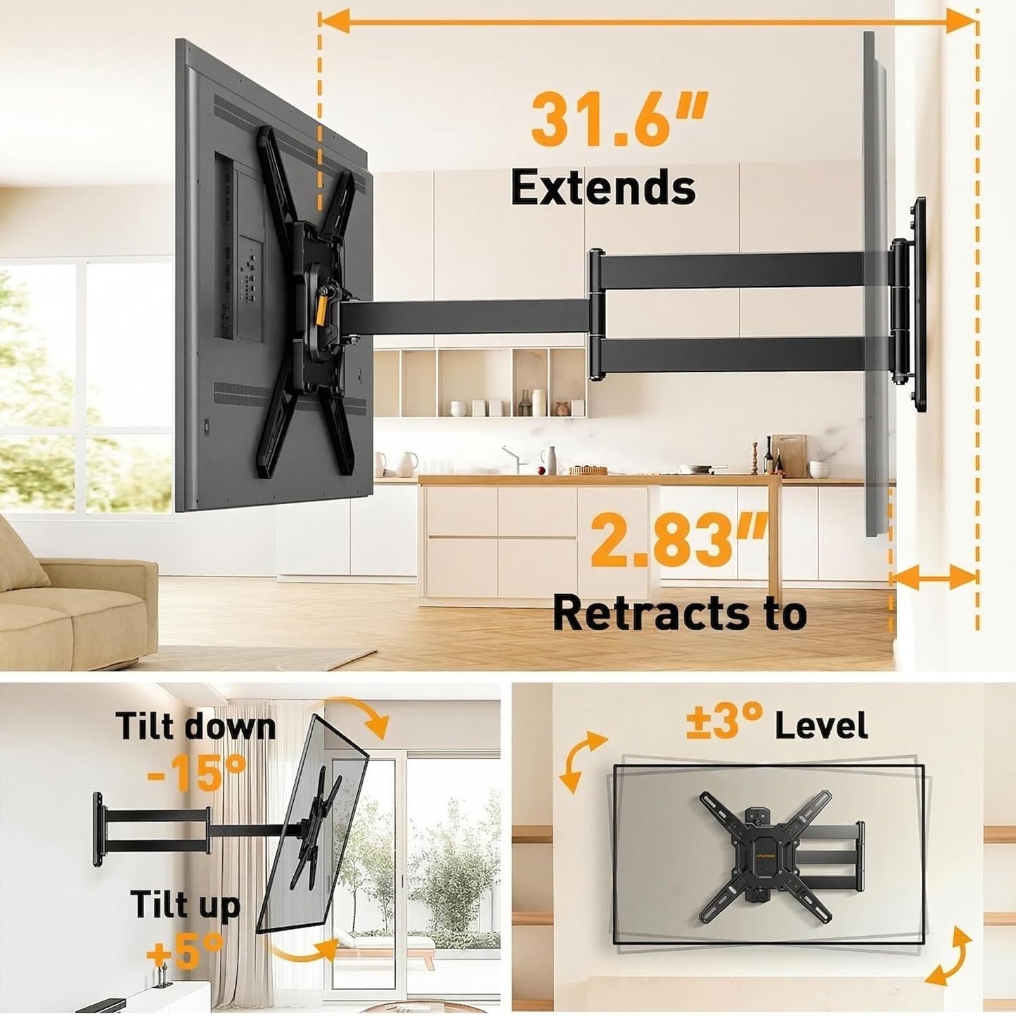 Perlegear Long Arm TV Wall Mount - Full Motion Bracket for 26-70 Inch TVs, 100 lbs Capacity, Swivel & Tilt