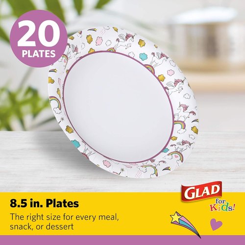 Glad Unicorn Theme Kids Plates - Heavy-Duty Disposable Paper Plates | Soak-Proof, Microwave Safe, 8.5 Inch, 20 Count