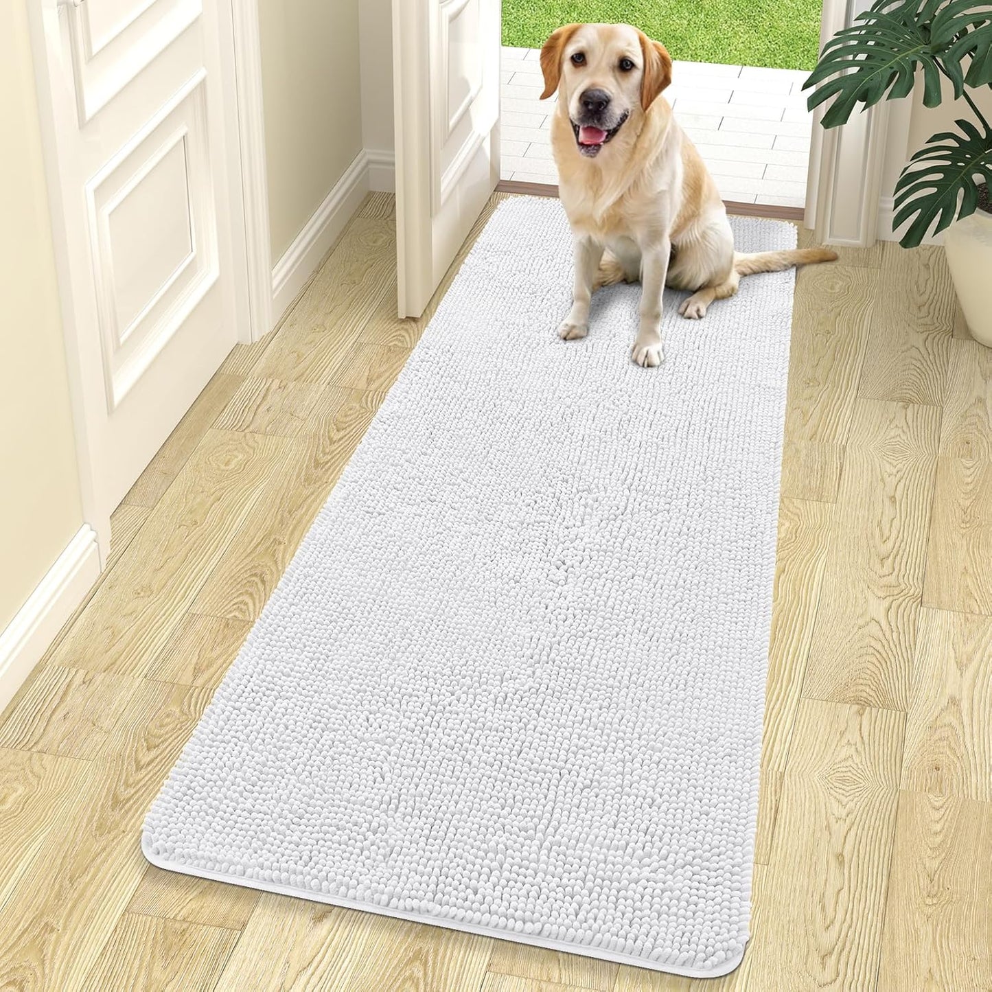 OLANLY Dog Door Mat - Absorbent Non-Slip Washable Chenille Mat for Muddy Paws | 70x24 Inches, White