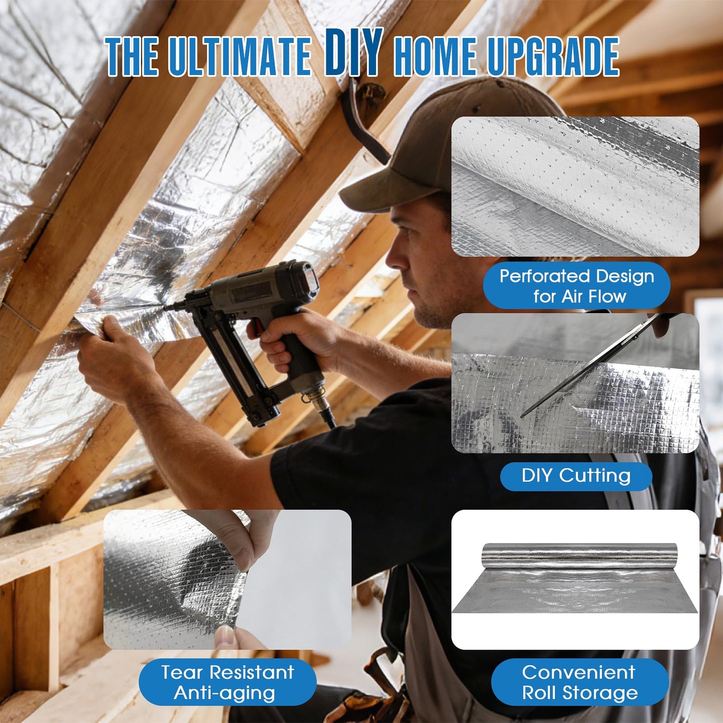 ZXQDRE Radiant Barrier Insulation Roll 1000 Sq Ft, Double Reflective Perforated Attic Foil for Heat Shield & Energy Savings, Heavy Duty Foil Insulation Thermal Barrier, Easy DIY Installation