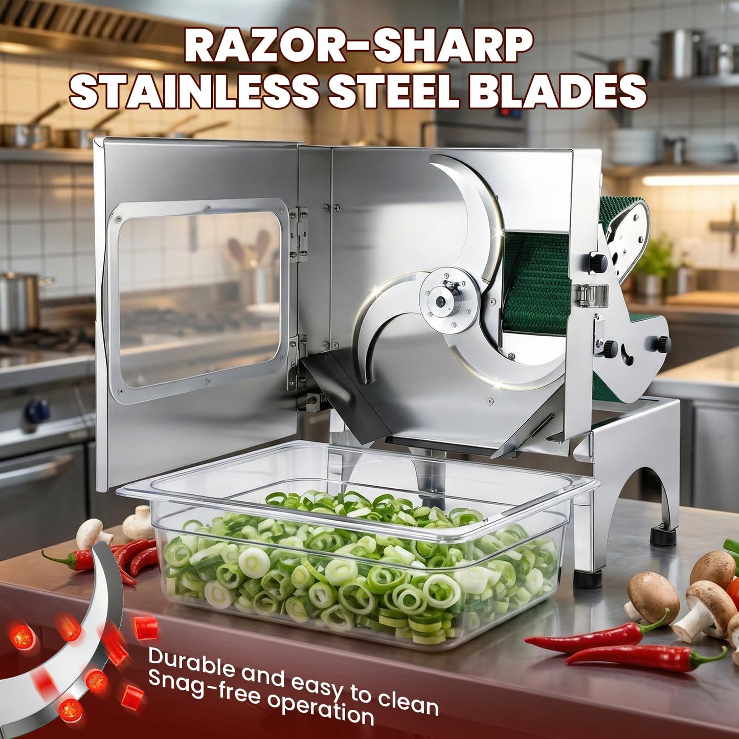 NEWTRY Commercial Vegetable Slicer Machine 200W Electric Food Processor with Automatic Conveyor Belt 400LB/H Thickness Adjustable for Spring Onion Scallion Cucumber Banana Restaurant Kitchen Use