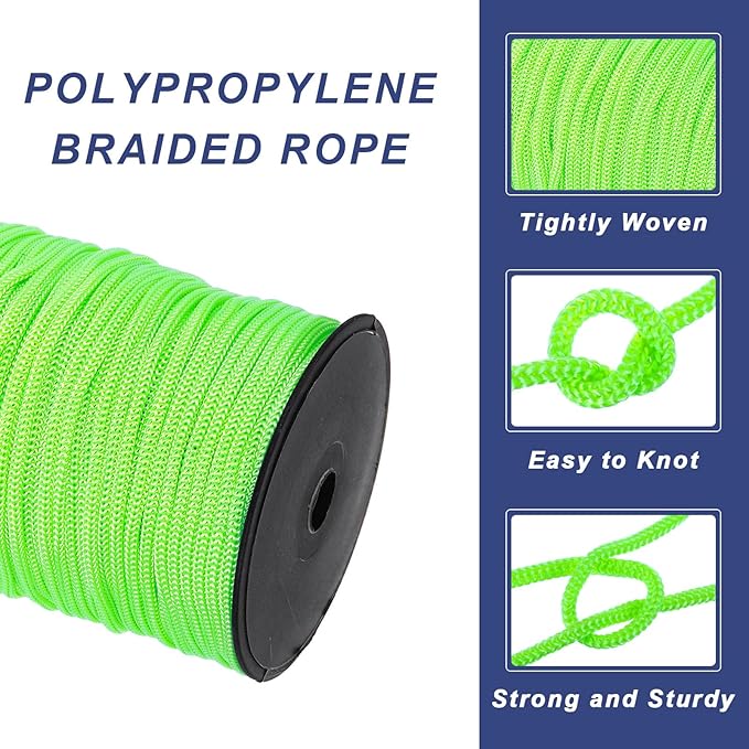 MECCANIXITY 3/16 Inch Polypropylene Rope Braided Ropes, 328ft Nylon Rope Hollow Utility Cord for Clothesline, Camping, Hiking, Outdoor, Fruit Green