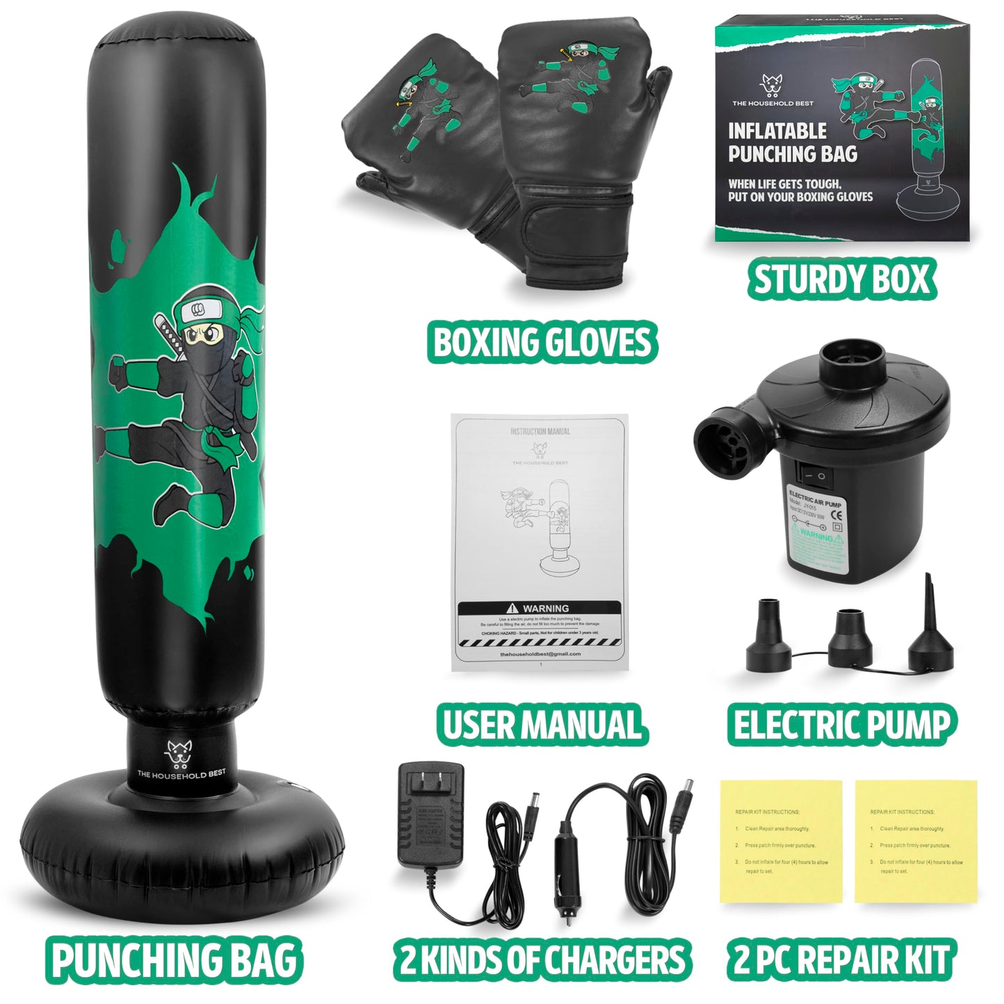 THB Inflatable Punching Bag for Kids, 63" Freestanding Ninja Boxing Bag Including Electric Air Pump with Gloves for Practicing Karate, Taekwondo, Stress Relief & Birthday for Ages 3-12