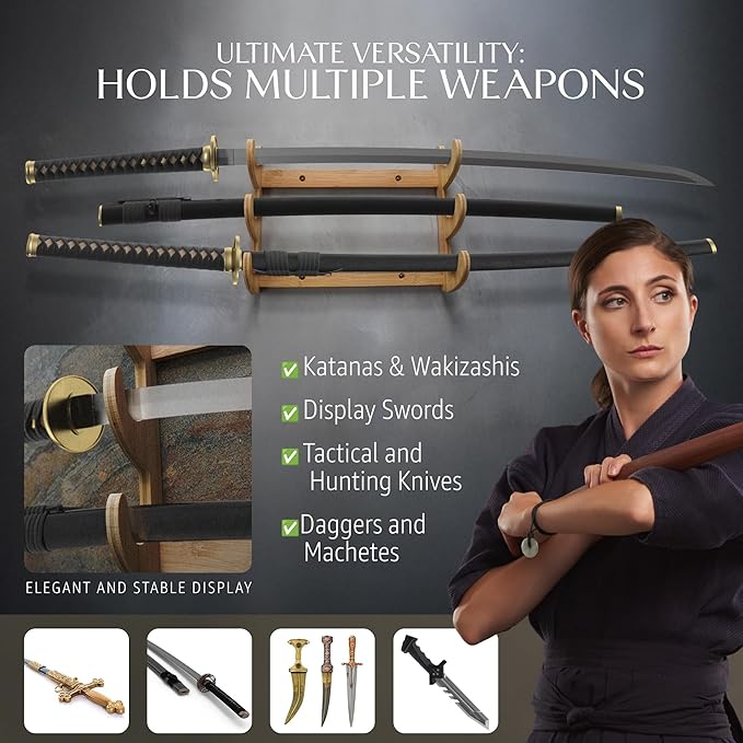 Wall Sword Holder 3 Tier - Bamboo Katana Wall Mount - Sword Mount for Secure Blade Display - Protects Swords, Easy Installation, Space-Saving Design for Home Decor