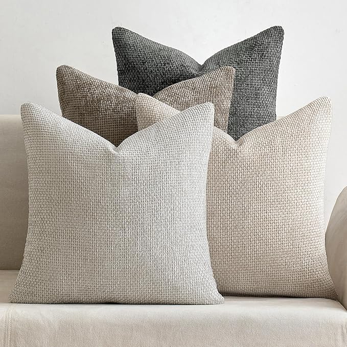 MIULEE Pack of 4 Couch Throw Pillow Covers 26x26 Inch Neutral Soft Decorative Chenille Pillow Covers Farmhouse Boho Accent Cushion Covers for Mid Century Modern Spring Decor Sofa Bedroom Living Room