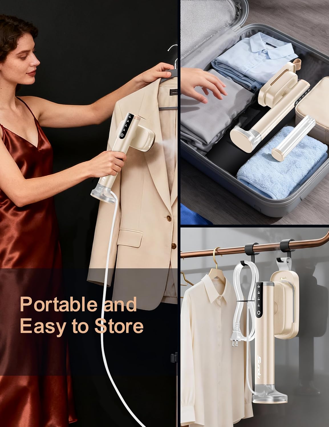 Sundu Portable Handheld Garment Steamer - Fast 15s Heat-Up | Dual Water Tanks & Ironing Gloves, Pale Gold