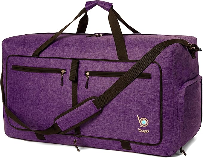Bago Foldable Duffel Bags for Traveling Women & Men - 60L Medium Packable Duffle Bag for Travel with Shoe Compartment - Water Repellant, Heavy Duty, Lightweight Folding & Collapsible (SnowDepPurple)