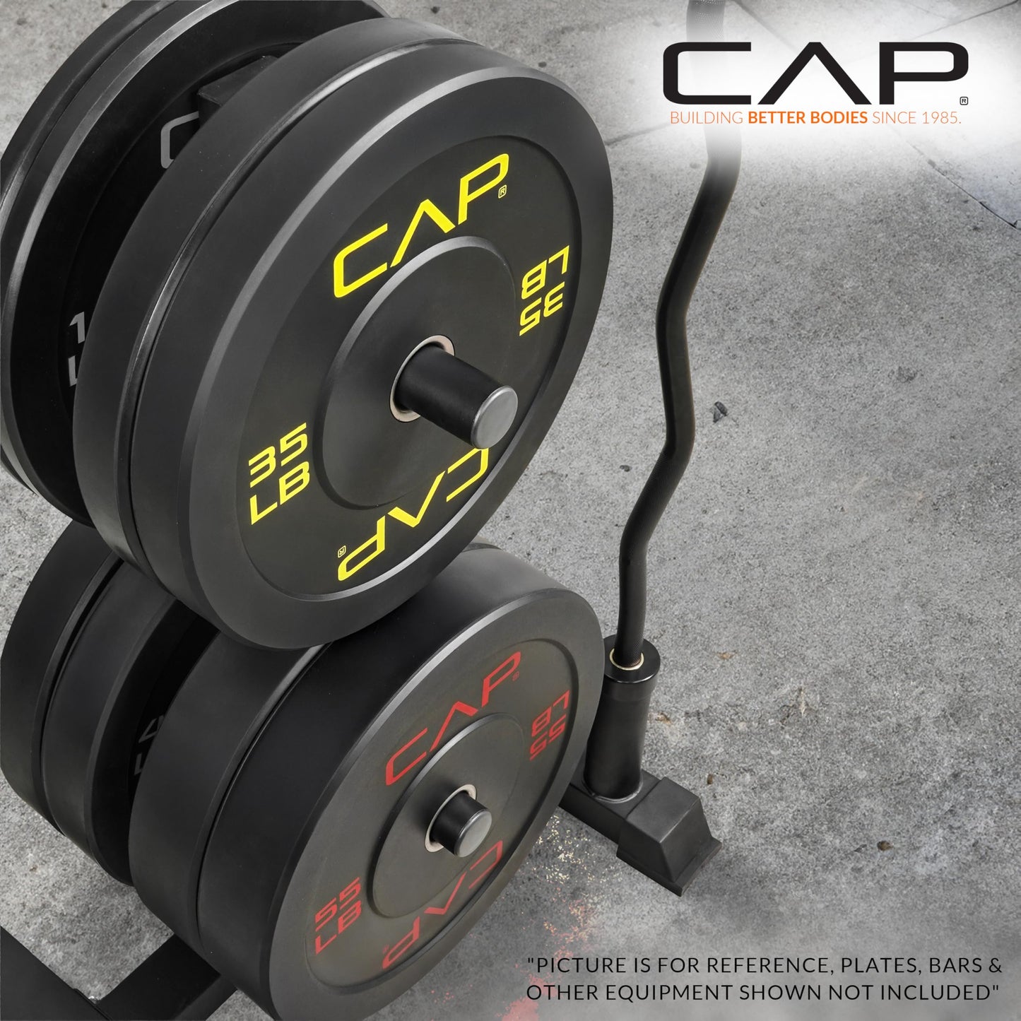 CAP Barbell Olympic Bumper Plate Tree Rack with 4 Weight Plate Posts and 2 Barbell Storage Holders – Heavy-Duty Steel Gym Organizer for Olympic Plates and Bars - Black