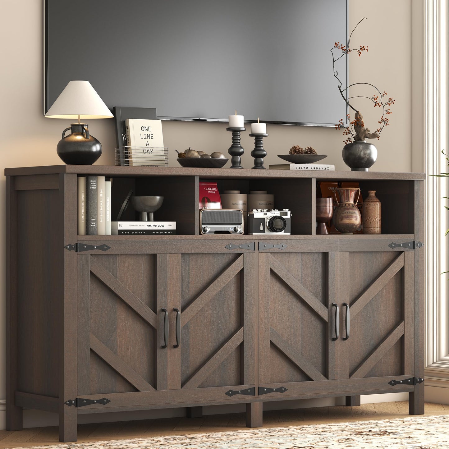 knoworld Buffet Sideboard with Storage Farmhouse with 4 Doors, 55'' Large Kitchen Storage Cabinet Wood Coffee Bar Cabinet Buffet Table with Shelves for Kitchen, Dining Room, Entryway (Brown, 55in)