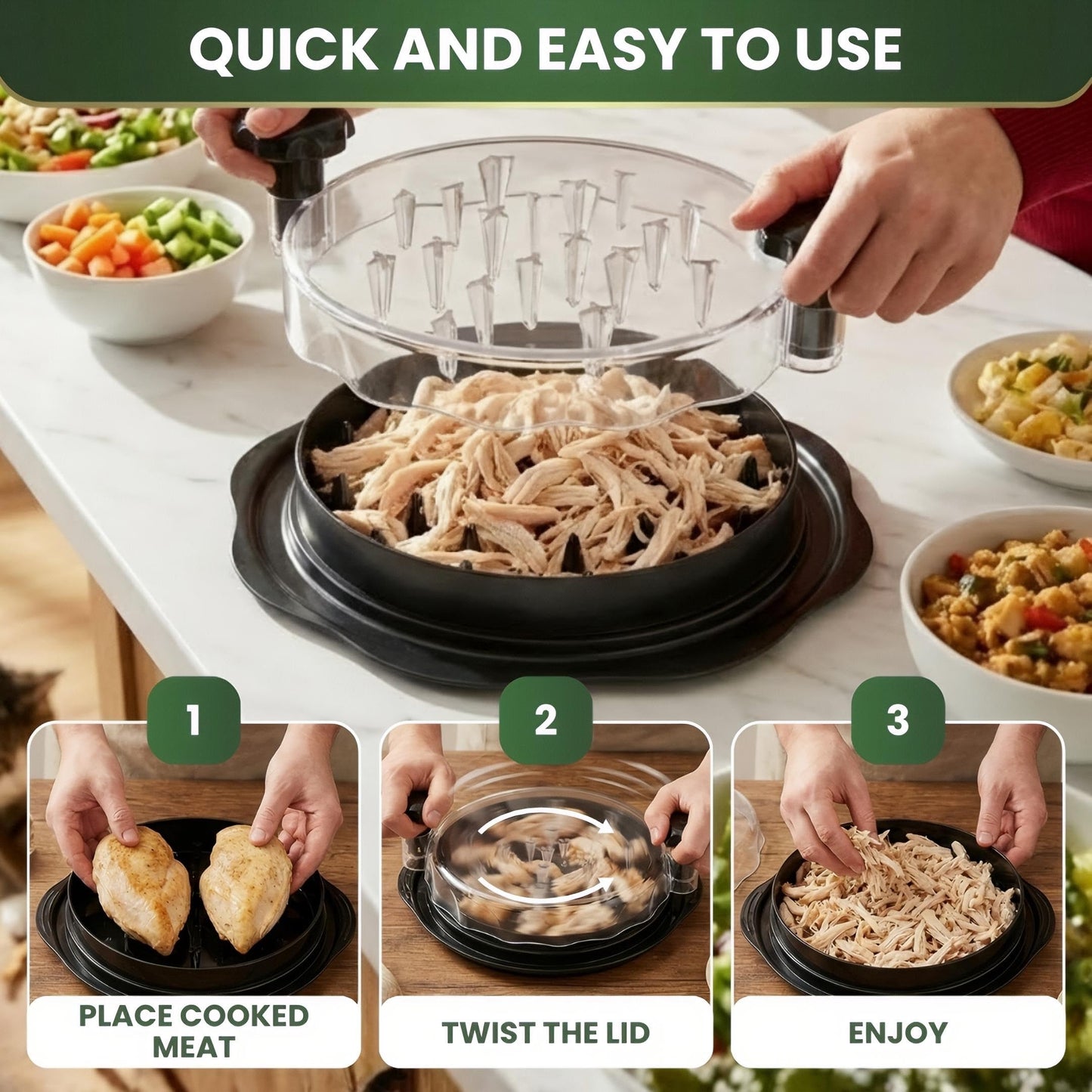 MakeMePro Chicken Shredder Tool Twist For Kitchen 10" | Manual Meat Shredder for Pulled Pork, Beef & Chicken Breast | BPA Free, Ergonomic Handle, Non-Slip Base | Desmenuzador de Pollo