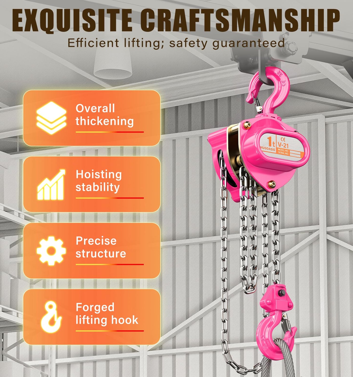 HUGOASIS Hand Chain Hoist 1 Ton 2200Lbs Capacity 20FT – Manual Chain Block with 2 Heavy Duty Hooks,Dual Brakes & Manganese Steel Chain for Garage, Workshop & Automotive Machinery,Orange