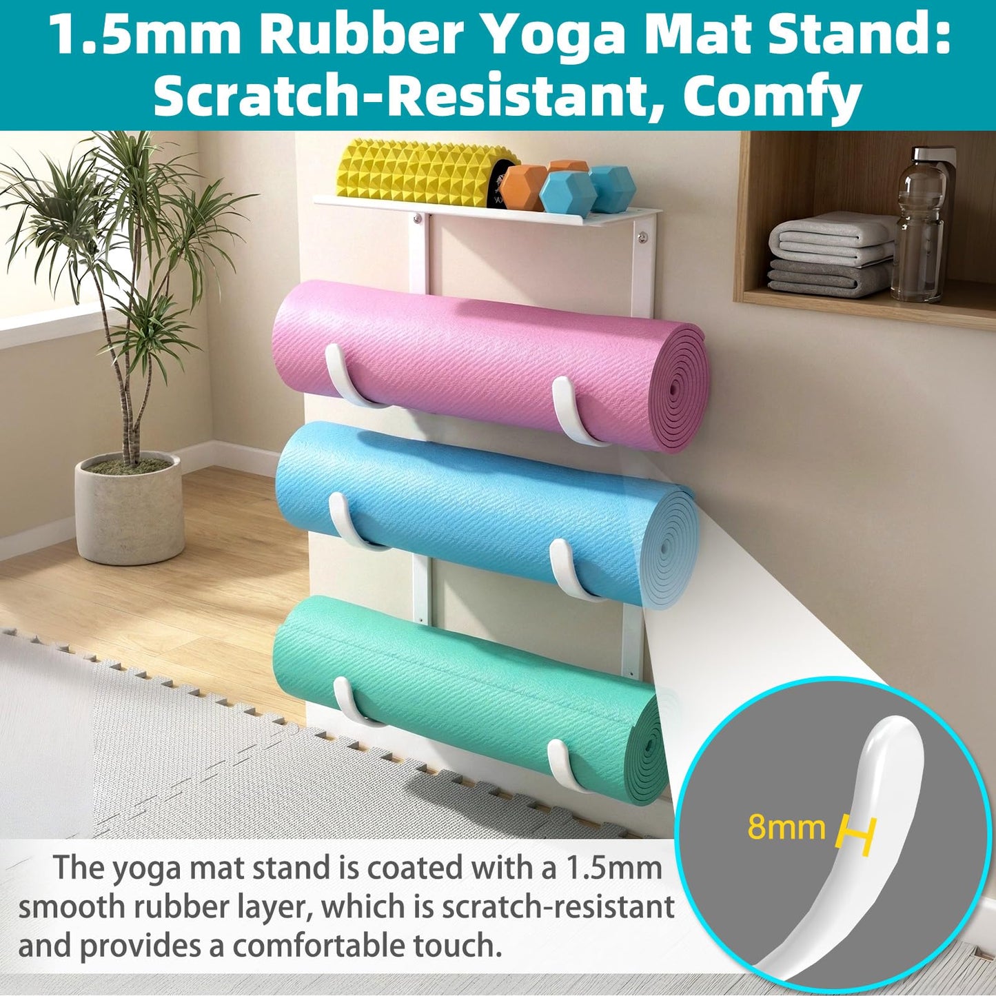 KOMOHOM Yoga Mat Holder Wall Mount, No-Tie Pilates Mat Storage Rack with Top Floating Shelf, 4-Tiers Holding Yoga Blocks/Rollers and Exercise Mat, Workout Mat, Home Gym Equipment Accessories