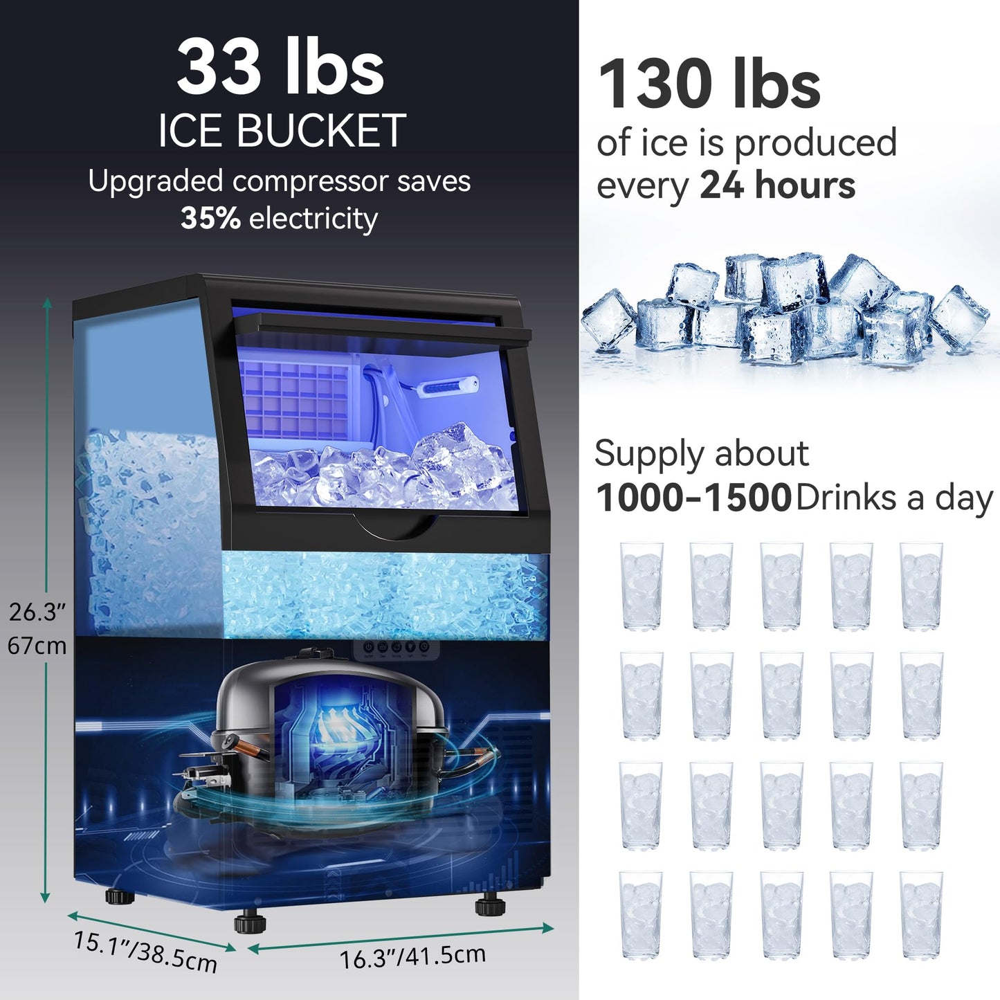 YITAHOME 130lbs Black Ice Maker Machine, Commercial Under Counter Ice Maker, ETL & DOE Certificated Commercial Large Ice Makers Freestanding for Home Cafe Bar Restaurant 44pcs with 17lbs Storage Bin