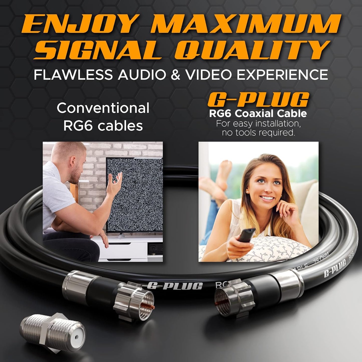 50FT RG6 Set G-PLUG Coaxial Cable Connectors - High-Speed Internet, Broadband and Digital TV Aerial, Satellite Sky