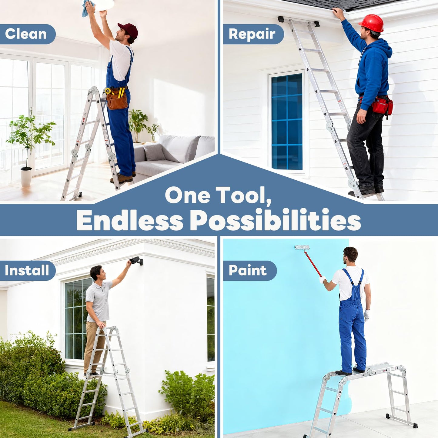 NEWBULIG 7-in-1 Multi-Purpose Adjustable Folding Ladder, Aluminum Heavy Duty Collapsible Tall Extension Step Ladder for Home Roof RV Work Garage & Outdoor Use