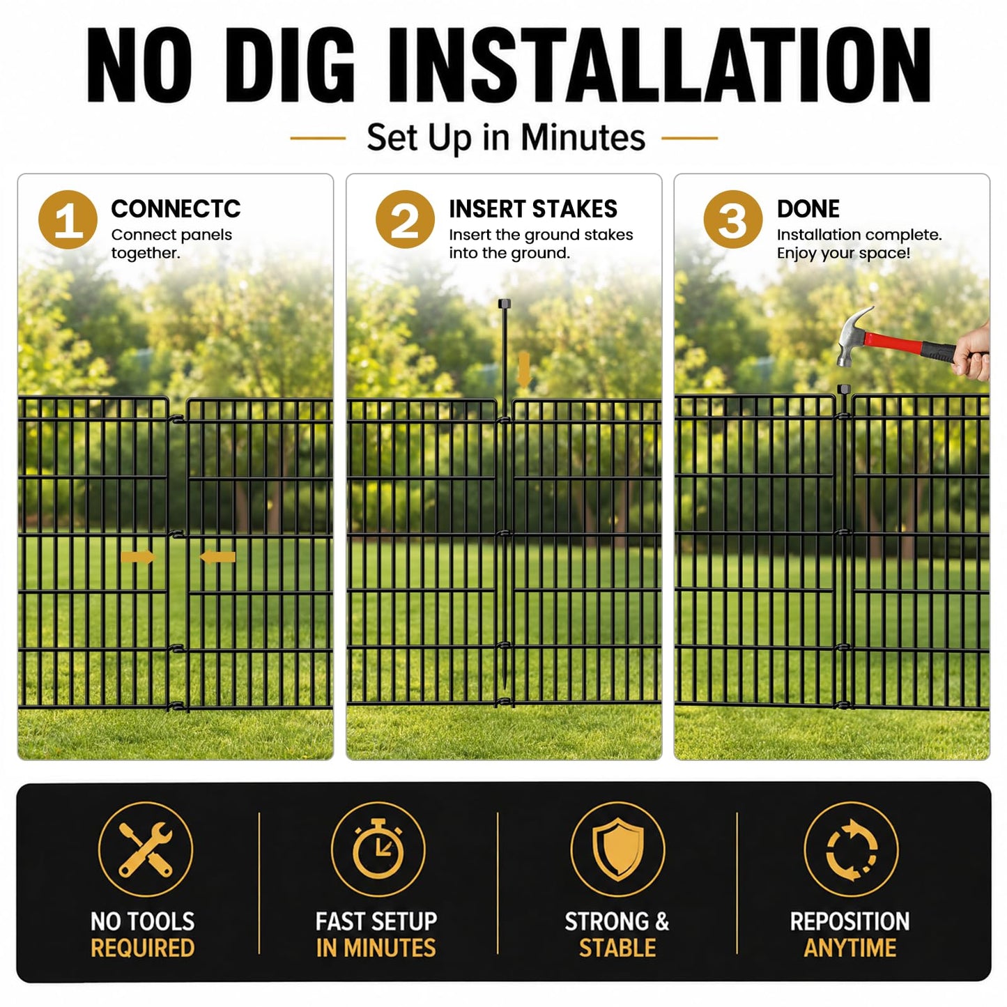 8 Panels No Dig Garden Fence Animal Barrier, 48in(H) × 21ft(L) Decorative Metal Outdoor Dog Fence, Rustproof Pet Fencing for Yard, Patio, Flower Bed -Temporary Fencing| Easy to Install