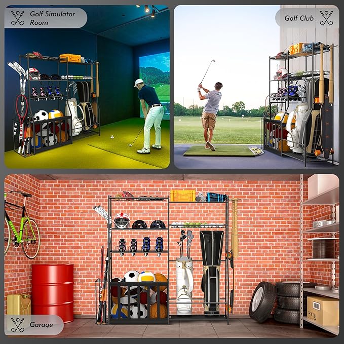 Garage Sports Equipment Organizer with Golf Bag Stand, Balls Storage Rack, and Toy Organizer ??Durable Indoor/Outdoor Multi-Use Rack for Kids' Gear and Seasonal Items