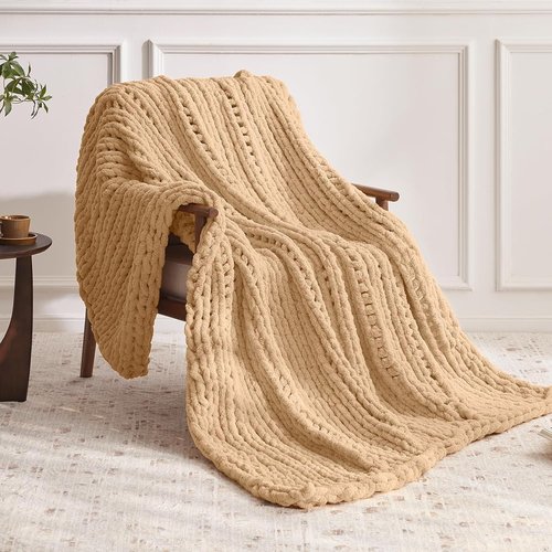 Negwoo Chunky Knit Throw Blanket - Handmade Beige Chenille Yarn | Cozy 30'' x 40'' Size for Home Decor